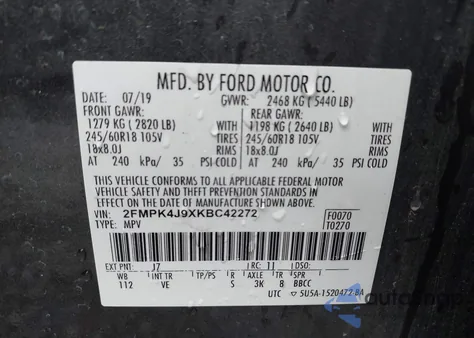 2019 Ford Edge Sel из США, поврежденный, VIN 2FMPK4J9XKBC42272